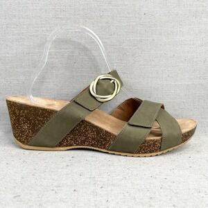 Dansko Olive Green Cork Wedge Sandals with Gold Buckle